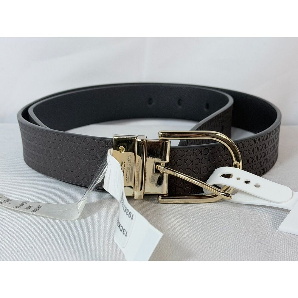NWT Calvin Klein Coated Leather Reversible Belt Gold Buckle Large Black Brown